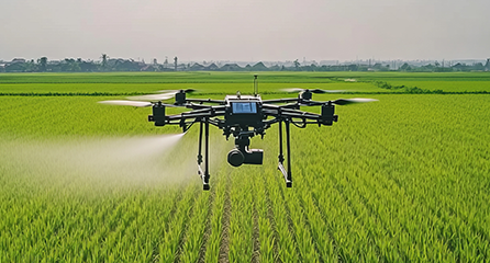 Drohne sprüht Pestizide über üppig grünem Reisfeld für effiziente Landwirtschaft.