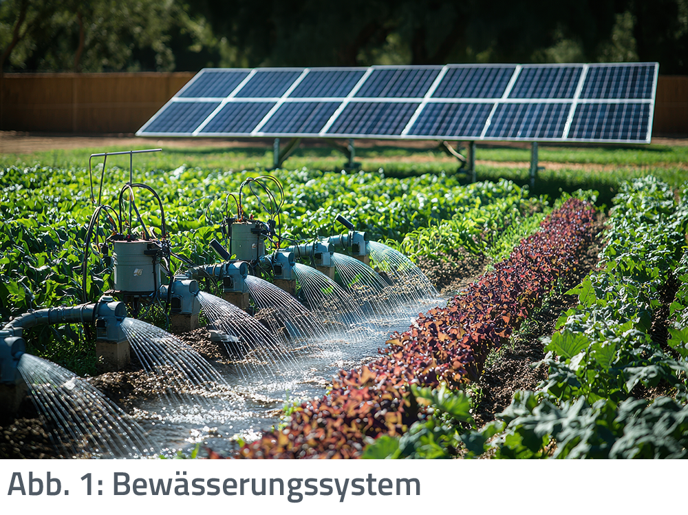 Bewässerungssystem in der Landwirtschaft: Eine mit Solarenergie betriebene Pumpe.